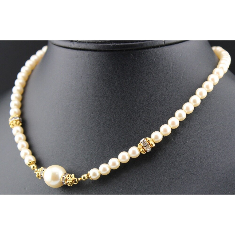 Retro Signd Liz Claiborne Lucite Pearl Rhinestone Brass Bead Adj Choker Necklace